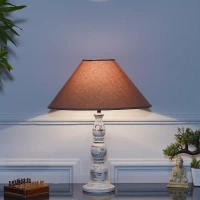 Saki Frosted White Wood Table Lamp with Beige Cotton Shade