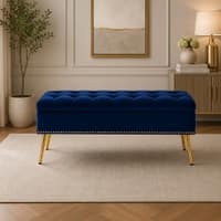 Doe Buck Velvet Tufted Storage Bench in Blue Colour with Gold Legs