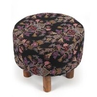 Collio Solid Wood Ottoman Pouffee in Black Leaves Jackard fabric