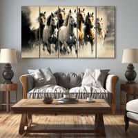 The Castle Decor Seven Running Horses Vastu Wall Art Wooden Framed 27x48 Inch