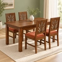 Globally Indian Kusha Solid Sheesham Wood 4 Seater Dining Table Set 4 Chairs Terracotta Orange