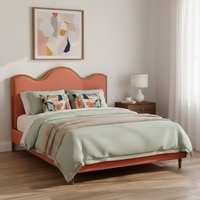 Solara Wave Luxe Queen Size Bed in velvet With Oak wood Frame & Hydraulic Storage