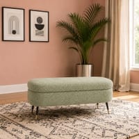 Doe Buck Luxury Boucle Storage Bench in Sage Colour with Gold Tipped Legs