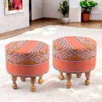 Louisville Acacia Wood Parisian Round Set of 2 Pouf Stools in Red Jacquard