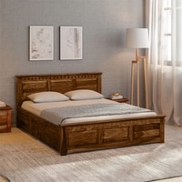 Zvya Solid Wood Queen  Size Bed With Box Storage (Provincial Teak Finish)