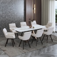 Aeris Ceramic 6 To 8 Seater Extendable Dining Table With 6  Bren Dining Chairs (Finish : Gilded White, Chair Colour : Ivory)