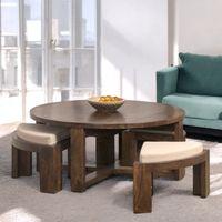 Nashville Sheesham Wood Accent Coffee Table Set With 4 Stools In Provincial Teak Finish With Beige Velvet Cushions