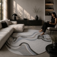 Handmade Round Wool Silk Rug Modern Wave Beige 9 Feet Carpet