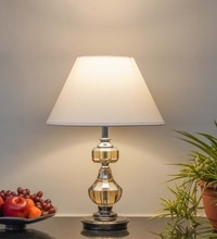Bompton Nickel Finish Metal And Smoke Crystal Table Lamp With White Cotton Shade