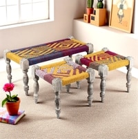 Oakville Sheesham Wood Vintage Seater Maachi Bench Set  2 Stools In Multi Colour Chindi  Yellow Rope