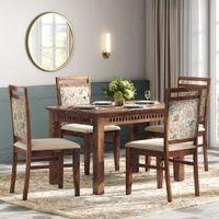 Fidora 4 Seater Dining Table With Set Of 4 Alaine Dining Chairs (Colour- Calico Floral Retreat & Pony Beige, Finish- Teak)