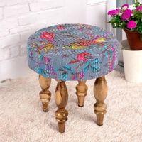 Roswell Sheesham Wood Mid Century Round Stool in Grey Brid Print Kantha Upholstery