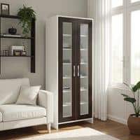 Atlanta Tall Crockery cum Bookshelf Cabinet with Toughened Glass Shutters in Coffee Walnut Colour