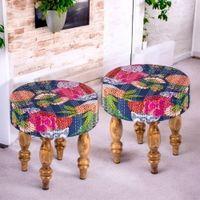 Roswell Sheesham Wood Mid Century Round Set of 2 Stools in Fruit Print Blue Kantha Upholstery