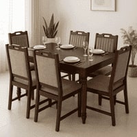 Globally Indian Compact Wooden 6 Seater Dining Table Set – Comfortable 6 Upholstered Seat and Back in Brown Sapphire