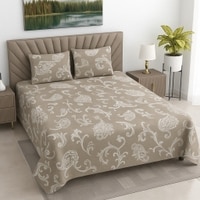 Lior Beige Floral 400 TC Cotton Flat Queen Size Bedsheet with 2 Pillow Covers – Threads
