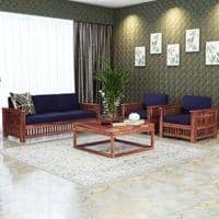 Anjani 3+1+1 Seater Wooden Sofa (BLUE Colour, Teak Finish)