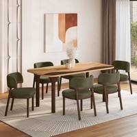 Dune Solid Oak Wood Dining Table With 6 Dune Solid Wood Dining Chairs in Deep Olive Velvet