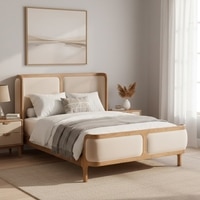 Valerio Duo-Panel Luxe Queen Size Bed in Off- White colour Velvet with Oak wood Frame
