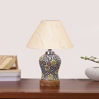 Devansh Conical Off White Cotton Shade Lamp With Wood & Mosaic Glass Base For Decoration/Office/Home/Gifting/Study For Decoration/Office/Home/Gifting/Study -(10X10X14.5) Inches -A