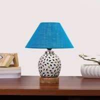 Devansh Conical Turquoise Jute Shade Lamp With Wood & Mosaic Glass Base For Decoration/Office/Home/Gifting/Study For Decoration/Office/Home/Gifting/Study -(10X10X14.5) Inches -A