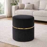Doe Buck Gracy Velvet Round Ottoman in Black Colour with Gold Band