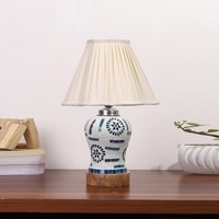 Devansh Off-White Vintage  Cotton Pleated Shade Lamp With Wood & Mosaic Glass Base For Decoration/Office/Home/Gifting/Study For Decoration/Office/Home/Gifting/Study