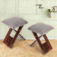 Dayton Sheesham Wood Accent Square Set of 2   Stools in Grey Cotton Velvet Upholstery
