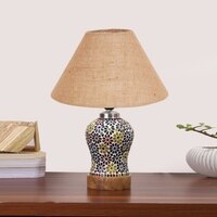 Devansh Conical Beige Jute Shade Lamp With Wood & Mosaic Glass Base For Decoration/Office/Home/Gifting/Study For Decoration/Office/Home/Gifting/Study -(10X10X14.5) Inches -A