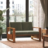 Moreno 2 Seater Solid Wood Sofa in Amber Walnut Finish and Juniper Green Fabric