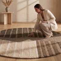 Handmade Round Wool Rug Modern Abstract Brown Beige 4 Feet Carpet
