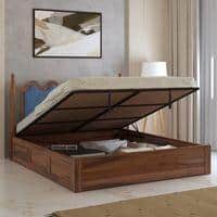 Tavora Sheesham Wood Queen Size Bed With Hydraulic Storage In Provincial Teak Finish