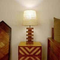 Libra Brown Wooden Table Lamp with White Fabric Lampshade