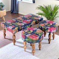Bestone Sheesham Wood Mid Century 2+1+1 Seater Bench Set With 2 Stools In Fruit Print Blue Kantha