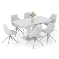 Caribu 6 To 8 Extendable Dining Table With Set Of 6 Doris Swivel Accent Chairs (Colour- White Leatherette, Finish- White High Gloss)