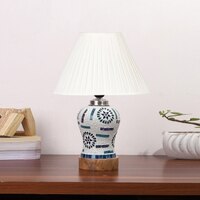 Devansh Off-White Cotton Straight Pleated Shade Lamp With Wood & Mosaic Glass Base For Decoration/Office/Home/Gifting/Study For Decoration/Office/Home/Gifting/Study