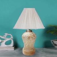 Devansh Vintage Off White Cotton Shade  Lamp With  Wood & Mosaic Glass Base For Decoration /Office/Home/Gifting/Study For Office/Home/Gifting -(12X12X16) Inches -