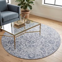 Neulooms Handloom Knotted Reversible Flatweave Round Rug Blue or Ivory 7ft