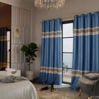 Stoa Paris Satin Curtain for Door, 70% Blackout Curtains, Sun Protection, Set of 2, Versailles - Celestial Blue