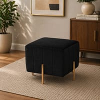 Doe Buck Adirondack Channel Tufted Velvet Ottoman Stool in Black Colour with Gold Legs