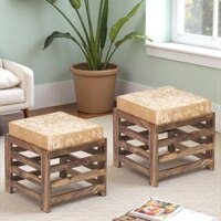 Houston Sheesham Wood Contemporary Set of 2 Stools in Beige Sparkle Velvet, Teak Finish