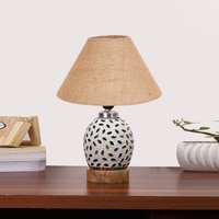 Devansh Conical Beige Jute Shade Lamp With Wood & Mosaic Glass Base For Decoration/Office/Home/Gifting/Study For Decoration/Office/Home/Gifting/Study -(10X10X14.5) Inches -A