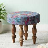Roswell Sheesham Wood Mid Century Round Stool in Grey Brid Print Kantha Upholstery
