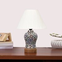 Devansh Off-White Cotton Straight Pleated Shade Lamp With Wood & Mosaic Glass Base For Decoration/Office/Home/Gifting/Study For Decoration/Office/Home/Gifting/Study