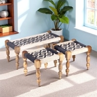 Oakville Sheesham Wood Vintage Seater Maachi Bench Set  2 Stools In Black  White Rope