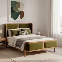 Valerio Duo-Panel Luxe King Size Bed in Olive colour Velvet with Oak wood Frame