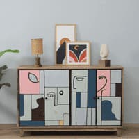 Tulisa Mango Wood Hand Painted Multicolor 4 Door Cabinet In Natural Finish