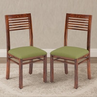 Zella Solid Wood Dining Chair Set Of 2 In Teak Finish With Avacado Green Colour Fabric