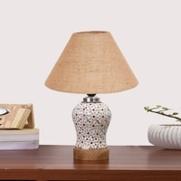 Devansh Conical Beige Jute Shade Lamp With Wood & Mosaic Glass Base For Decoration/Office/Home/Gifting/Study For Decoration/Office/Home/Gifting/Study -(10X10X14.5) Inches -A