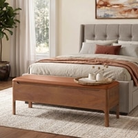 Zaha Solid Wood Upholstered Storage Bench In Amber walnut Finish with Nappa Tan Leatherette Colour